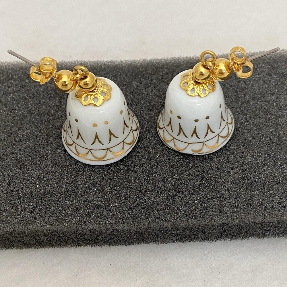 Vintage Avon Earrings Porcelain Bell Gold Tone Accents Pierced Christmas Fashion